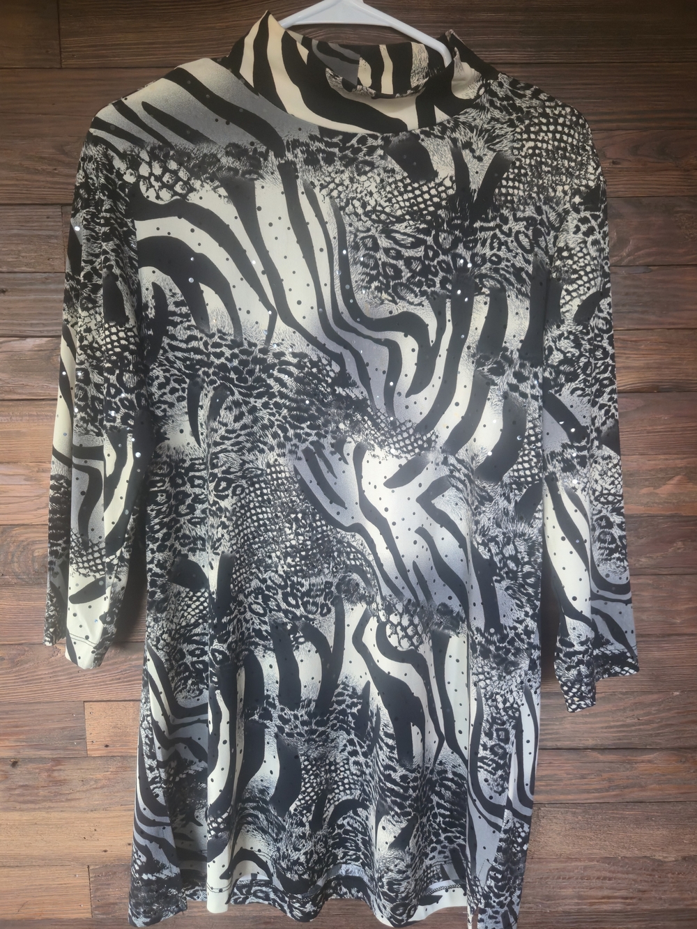 Susan Graver Black & White Abstract Animal-Print Mock Neck Tunic